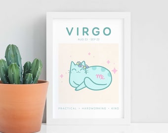 Virgo Cat Print, A5 Zodiac Cat Wall Art, Cat Astrology Poster, Star Sign Print