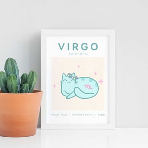 Virgo Cat Print, A5 Zodiac Cat Wall Art, Cat Astrology Poster, Star Sign Print