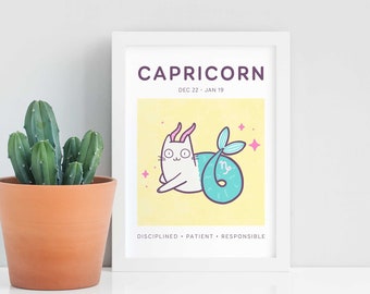 Capricorn Cat Print, A5 Zodiac Cat Wall Art, Cat Astrology Poster, Star Sign Print