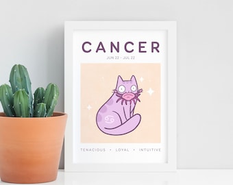 Cancer Cat Print, A5 Zodiac Cat Wall Art, Cat Astrology Poster, Star Sign Print