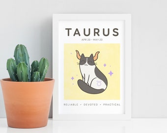 Taurus Cat Print, A5 Zodiac Cat Wall Art, Cat Astrology Poster, Star Sign Print