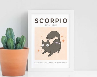 Scorpio Cat Print, A5 Zodiac Cat Wall Art, Cat Astrology Poster, Star Sign Print