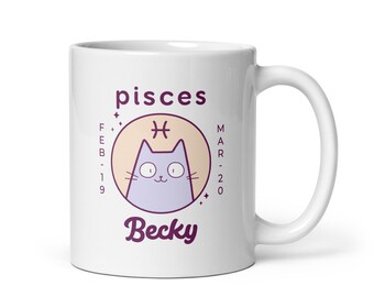 Pisces Mug, Personalised Coffee Cup, Cat Coffee Mug, Cat Cup, Horoscope Mug, Custom Mugs for Women, Zodiac Coffee Mug