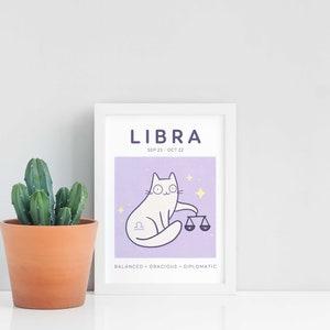 Libra Cat Print, A5 Zodiac Cat Wall Art, Cat Astrology Poster, Star Sign Print image 3