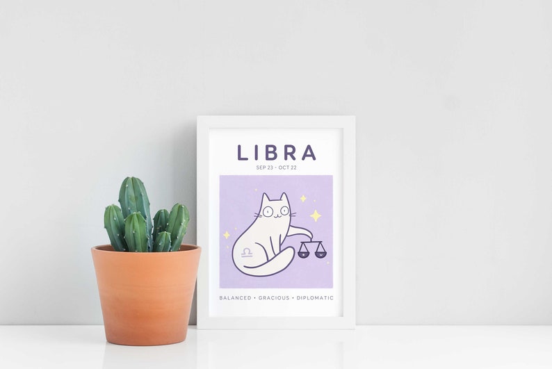 Libra Cat Print, A5 Zodiac Cat Wall Art, Cat Astrology Poster, Star Sign Print image 3