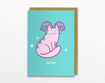 Aries Zodiac Cat Greeting Card, Aries Card, Horoscope Card, Birthday Card, Cat Card