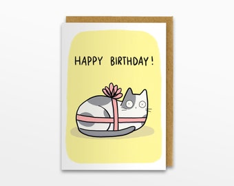 Cat Birthday Card: Ribbon Wrapped Kitten Greeting Card