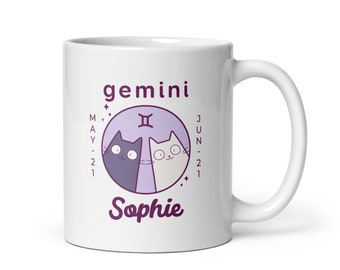 Gemini Mug, Personalised Coffee Cup, Cat Coffee Mug, Cat Cup, Horoscope Mug, Custom Mugs for Women, Zodiac Coffee Mug