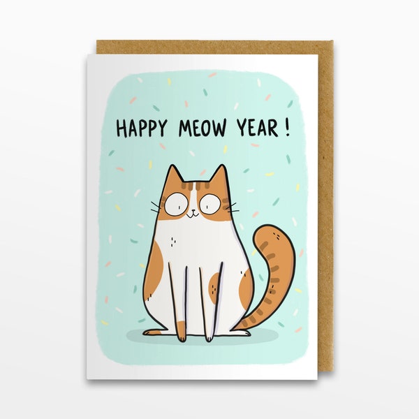 Carte heureuse d’année de meow, carte heureuse de salutation de nouvel an, carte de chat, nouvelle année