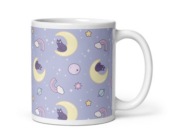 Cat Mug, Mug For Cat Lover, Cat Moon and Stars, Cosmic Cat