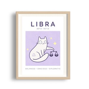 Libra Cat Print, A5 Zodiac Cat Wall Art, Cat Astrology Poster, Star Sign Print image 2