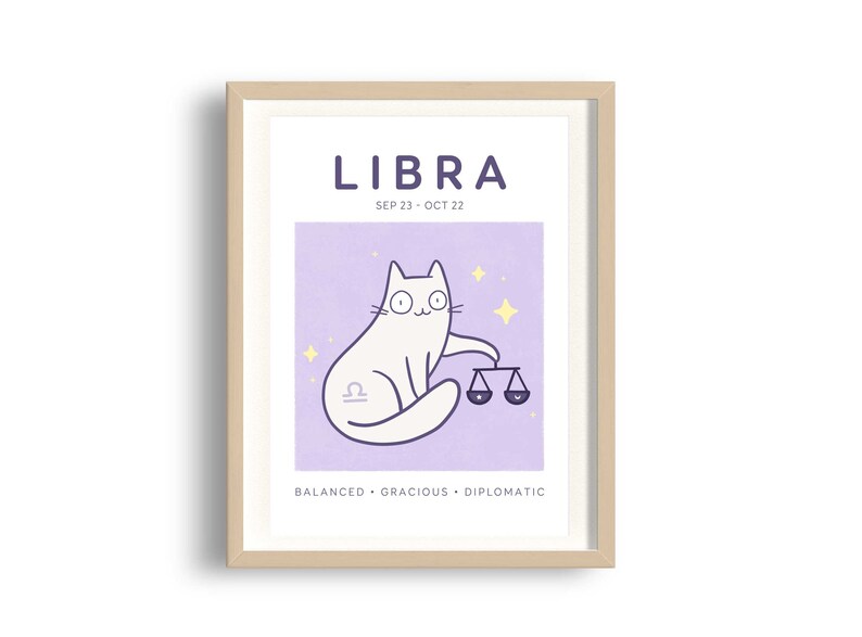Libra Cat Print, A5 Zodiac Cat Wall Art, Cat Astrology Poster, Star Sign Print image 2