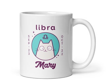 Libra Mug, Personalised Coffee Cup, Cat Coffee Mug, Cat Cup, Horoscope Mug, Custom Mugs for Women, Zodiac Coffee Mug