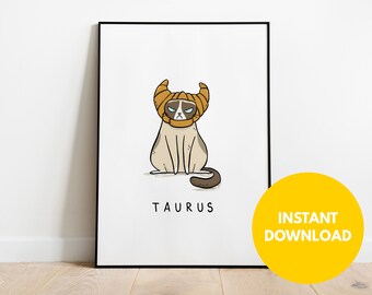 Printable Cat Wall Art, Taurus Print, Cat Printable, Cat Digital Download, Taurus Download