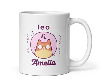 Leo Mug, Personalised Coffee Cup, Cat Coffee Mug, Cat Cup, Horoscope Mug, Custom Mugs for Women, Zodiac Coffee Mug