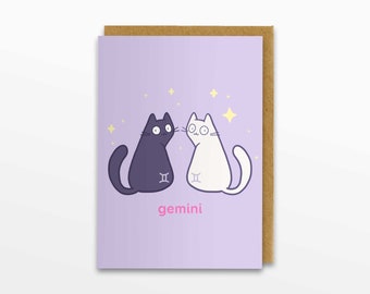 Gemini Zodiac Cat Greeting Card, Gemini Card, Horoscope Card, Birthday Card, Cat Card