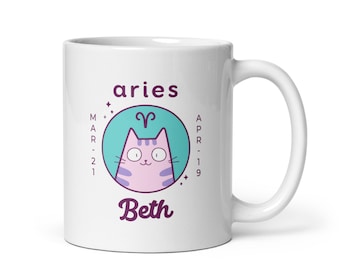 Aries Mug, Personalised Coffee Cup, Cat Coffee Mug, Cat Cup, Horoscope Mug, Custom Mugs for Women, Zodiac Coffee Mug