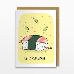 Célébrons la carte de voeux, carte d'anniversaire, carte de sushi, crevette Nigiri