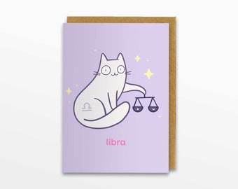 Libra Zodiac Cat Greeting Card, Libra Card, Horoscope Card, Birthday Card, Cat Card