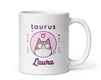 Taurus Mug, Personalised Coffee Cup, Cat Coffee Mug, Cat Cup, Horoscope Mug, Custom Mugs for Women, Zodiac Coffee Mug