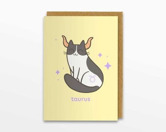 Taurus Zodiac Cat Greeting Card, Taurus Card, Horoscope Card, Birthday Card, Cat Card