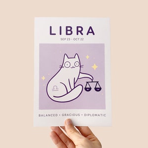 Libra Cat Print, A5 Zodiac Cat Wall Art, Cat Astrology Poster, Star Sign Print image 4