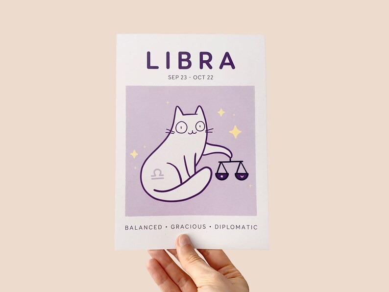 Libra Cat Print, A5 Zodiac Cat Wall Art, Cat Astrology Poster, Star Sign Print image 4