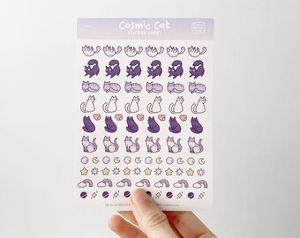 Cat Sticker Sheet, Kawaii Cat Stickers, A6 Cat Sticker Set, Bullet Journal Stickers, Moon & Stars Cosmic Stickers