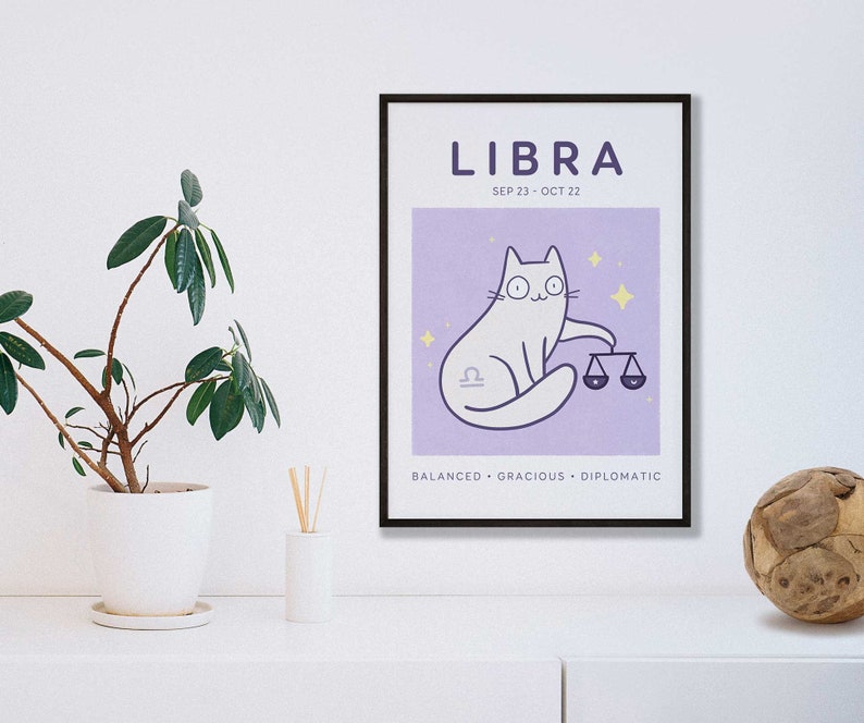 Libra Cat Print, A5 Zodiac Cat Wall Art, Cat Astrology Poster, Star Sign Print image 1