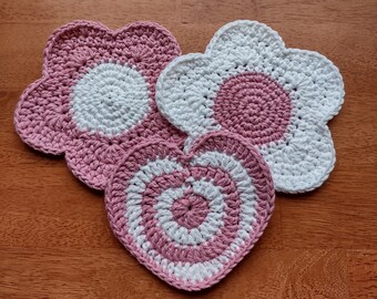 Pink Coaster Set, Flower Coaster, Personalized Crochet Coaster, Cotton Heatpad, Flower Home Decor, Daisy Coaster, Heart Home Decor