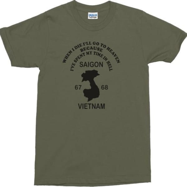 Retro Vietnam War Souvenir Geïnspireerd T-shirt - 'Ik heb mijn tijd in de hel doorgebracht' 60s, 70s, Militair, Verschillende kleuren
