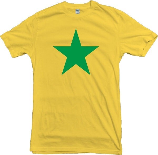 yellow shirt with green sleeves