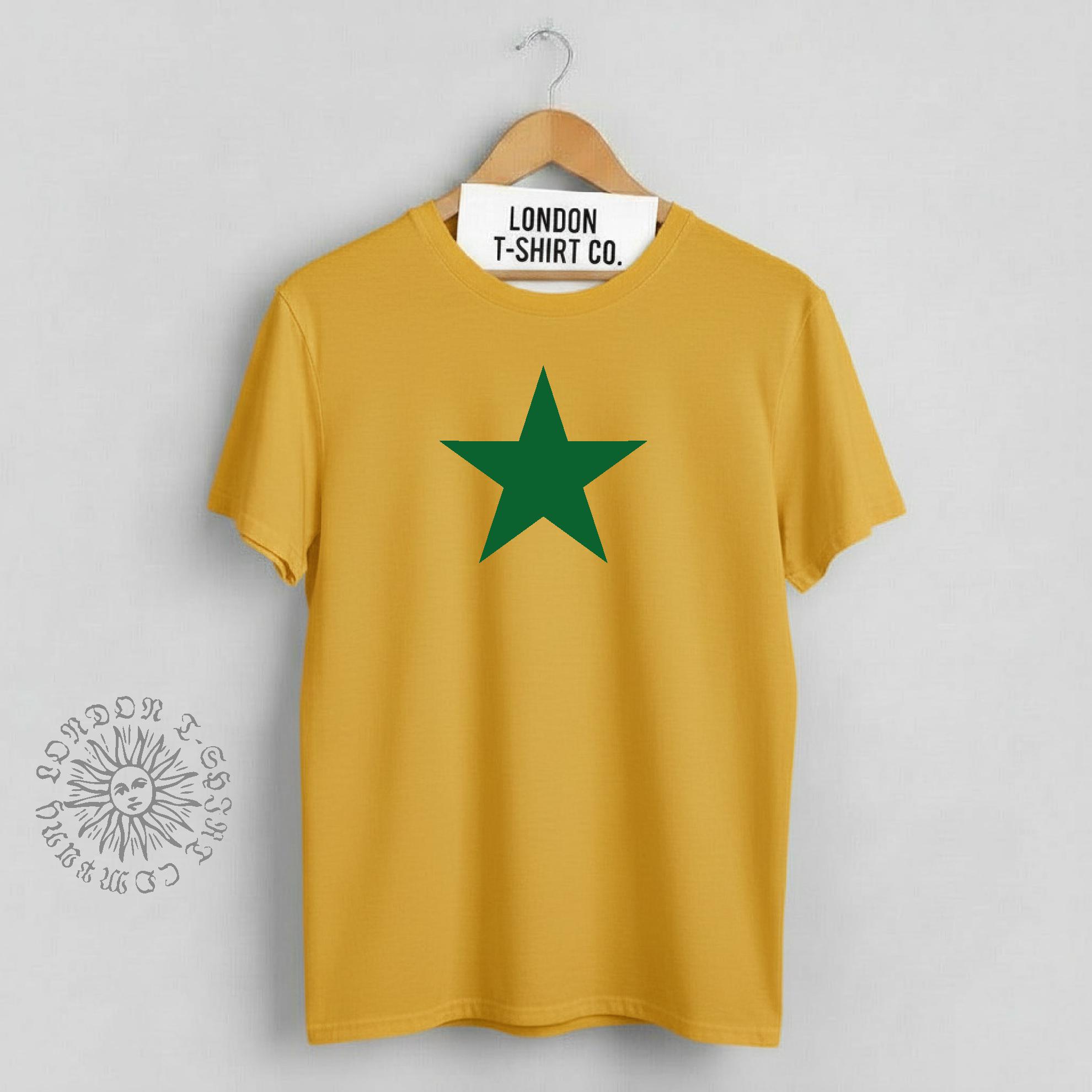 1970s Sub Culture Star T-shirt - Green Print on Yellow Top, S-XXL 