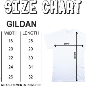 Puede incluir: Tabla de tallas para camisetas Gildan, que muestra las medidas de ancho y largo en pulgadas para las tallas S, M, L, XL y XXL.