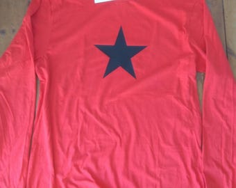 Star Print Long Sleeve Red T-Shirt - Retro 70s Rocker Style, Glam Punk, S-XXL