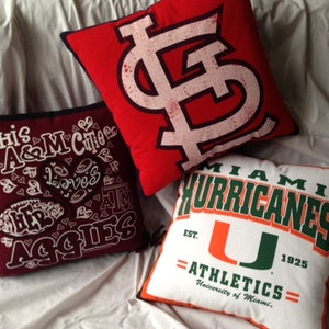 May include: Three decorative throw pillows with different college logos. The first pillow is maroon with white text that says "This A&M cutie loves her Aggies". The second pillow is red with a white "STL" logo. The third pillow is white with a green and orange "Miami Hurricanes" logo.