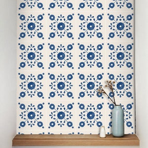 Quadrostyle Tile Decals - Tiles for Kitchen/Bathroom Back splash - Anti-Skid Laminate Floor Decal - Zinnia in Indigo Vinyl Tile Sticker Pack