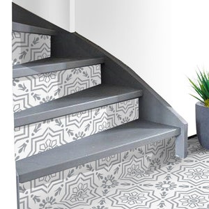 Stair Riser Stickers - Removable Stair Riser Tile Decals - Kabbalah Grey Pack of 6 - Peel & Stick Stair Riser Deco Strips - 48" long