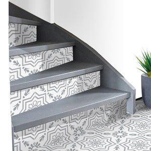 Stair Riser Stickers - Removable Stair Riser Tile Decals - Kabbalah Grey Pack of 6 - Peel & Stick Stair Riser Deco Strips - 48&quot; long