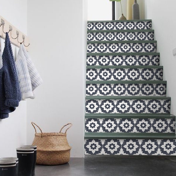 Stair Riser Stickers - Removable Stair Riser Tile Decals - Campagne Navy Pack of 6 - Peel & Stick Stair Riser Deco Strips - 48" long