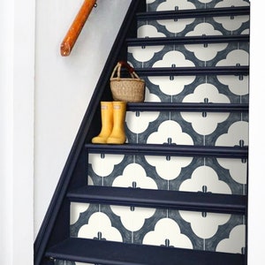 Stair Riser Stickers - Removable Stair Riser Tile Decals - Claude Navy Pack of 6 - Peel & Stick Stair Riser Deco Strips - 48" long