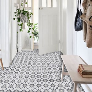 Puede incluir: Un recibidor luminoso con baldosas estampadas. El suelo presenta un diseño de estrella repetido en gris, blanco y beige. Un banco de madera sostiene libros, y una planta colgante añade un toque de vegetación. Las puertas y paredes blancas crean una estética minimalista.