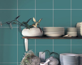May include: A teal tiled wall with a white shelf holding a variety of white ceramic dishes and a white ceramic planter with a green plant.