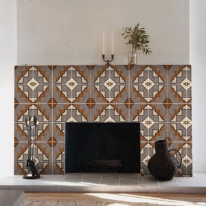 May include: A fireplace with a brown, white, and gray patterned tile surround. The fireplace has a black metal surround and a black hearth.