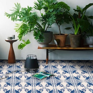 Quadrostyle Talavera Mexican Talavera Floor Tile Decals for Kitchen/Bathroom Backsplash - Hand Painted Indigo Blue Tile Sticker Pack Flora