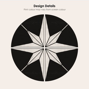 May include: A black and white geometric design with a star shape in the centre. The design is in a circle.