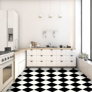 Quadrostyle Checkerboard Vinyl Floor Stickers in Black and White | Two tone Kitchen Tile Decals | Peel and Stick Bathroom Floor Tile