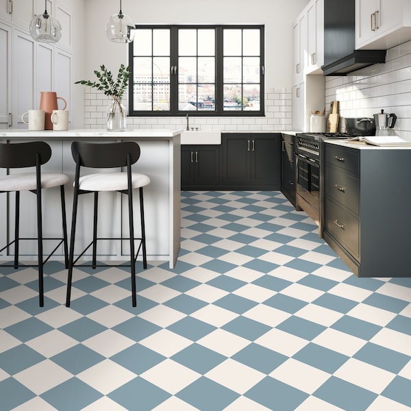 Quadrostyle Checkerboard Vinyl Floor Stickers in Powder Blue | Two tone Kitchen Tile Decals | Peel and Stick Bathroom Floor Tile | Home DIY