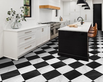 Quadrostyle Black and White Marble Checkerboard Vinyl Wall & Floor Stickers  | Two tone Kitchen Tile Decals | Peel and Stick BathroomTile