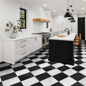 Quadrostyle Checkerboard Vinyl Floor Stickers in Black and White Marble | Two tone Kitchen Tile Decals | Peel and Stick Bathroom Floor Tile